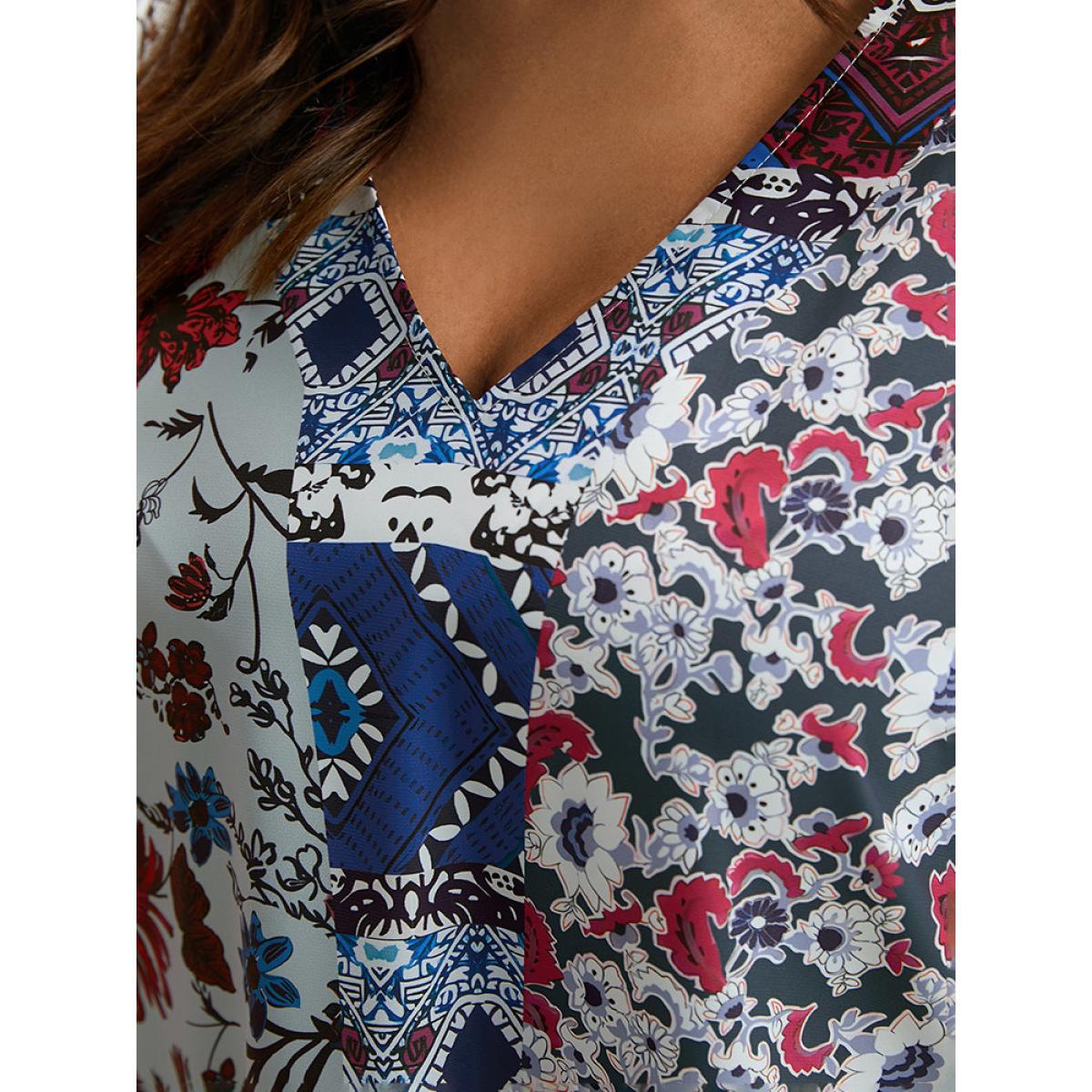 Plus Size Stone Bandana Print Patchwork Bell Sleeve Blouse Women Elegant Long Sleeve V-neck Vacation Blouses BloomChic 22-24/3X Product Image