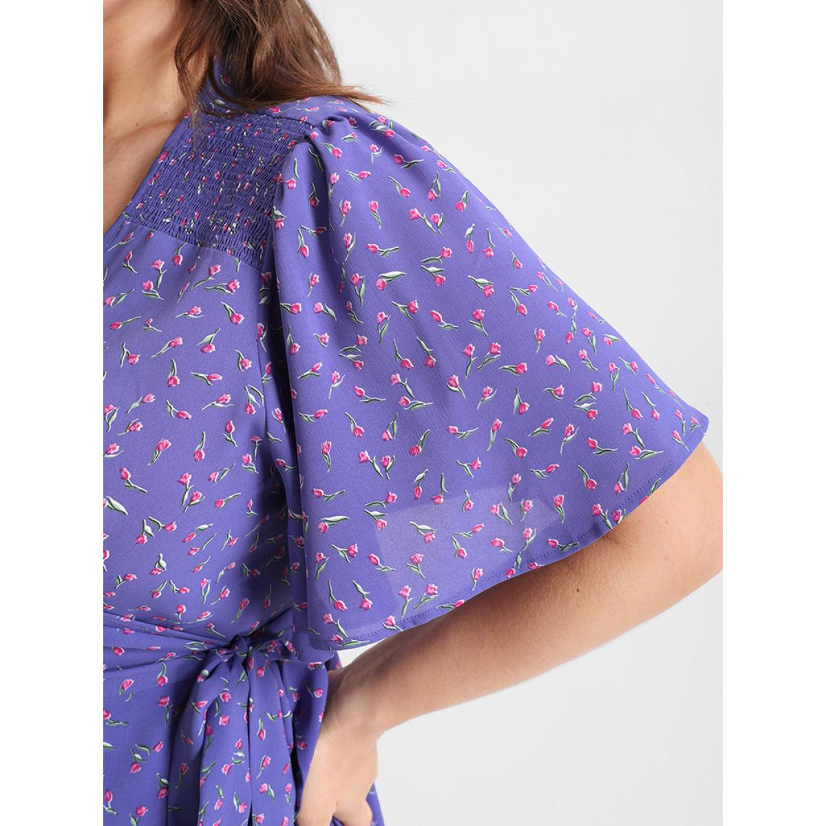 Plus Size Ditsy Floral Knotted Ruffled Split Midi Dress BlueViolet Women Elegant Wrap V-neck Short sleeve Curvy Midi Dress BloomChic 28/5X Product Image