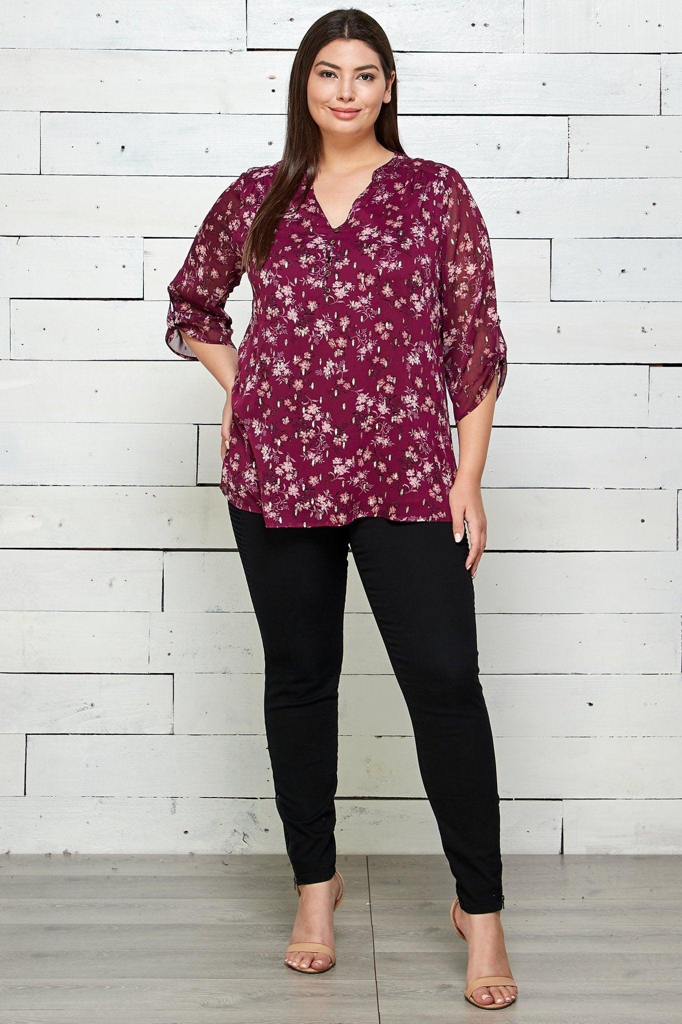 3/4 Button Tab Sleeve Mandarin Collar Popover - Plus Product Image