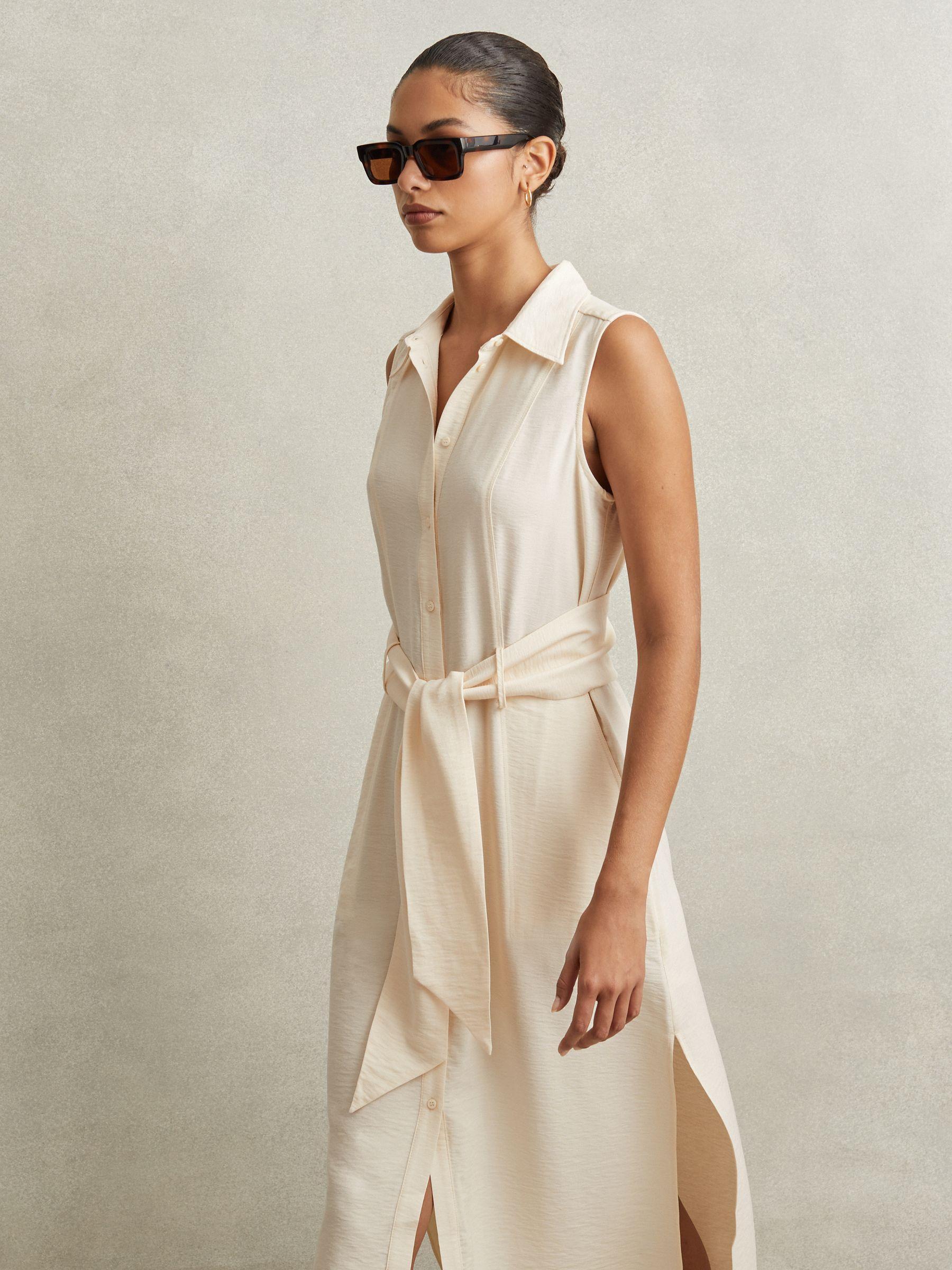 Viscose Blend Belted Shirt Dress in Cream Product Image