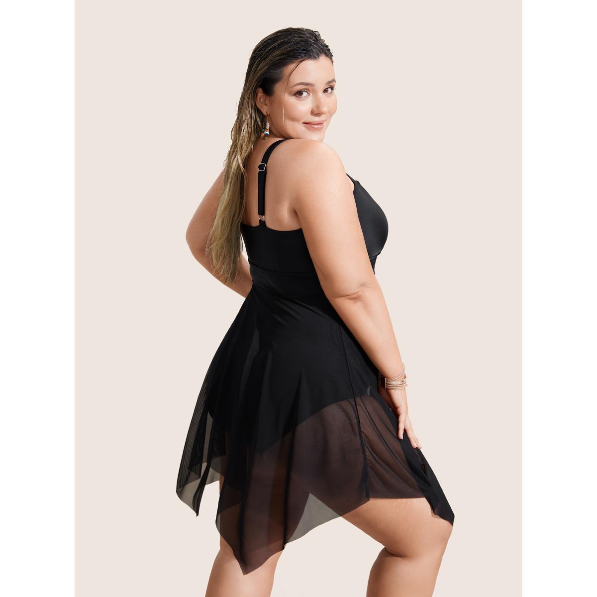 Plus Size Asymmetrical Neck Mesh Patchwork Swim Dress Women's Swimwear Black Beach Bodycon Asymmetrical Neck High stretch Curve Swim Dresses BloomChic 30/6X Product Image