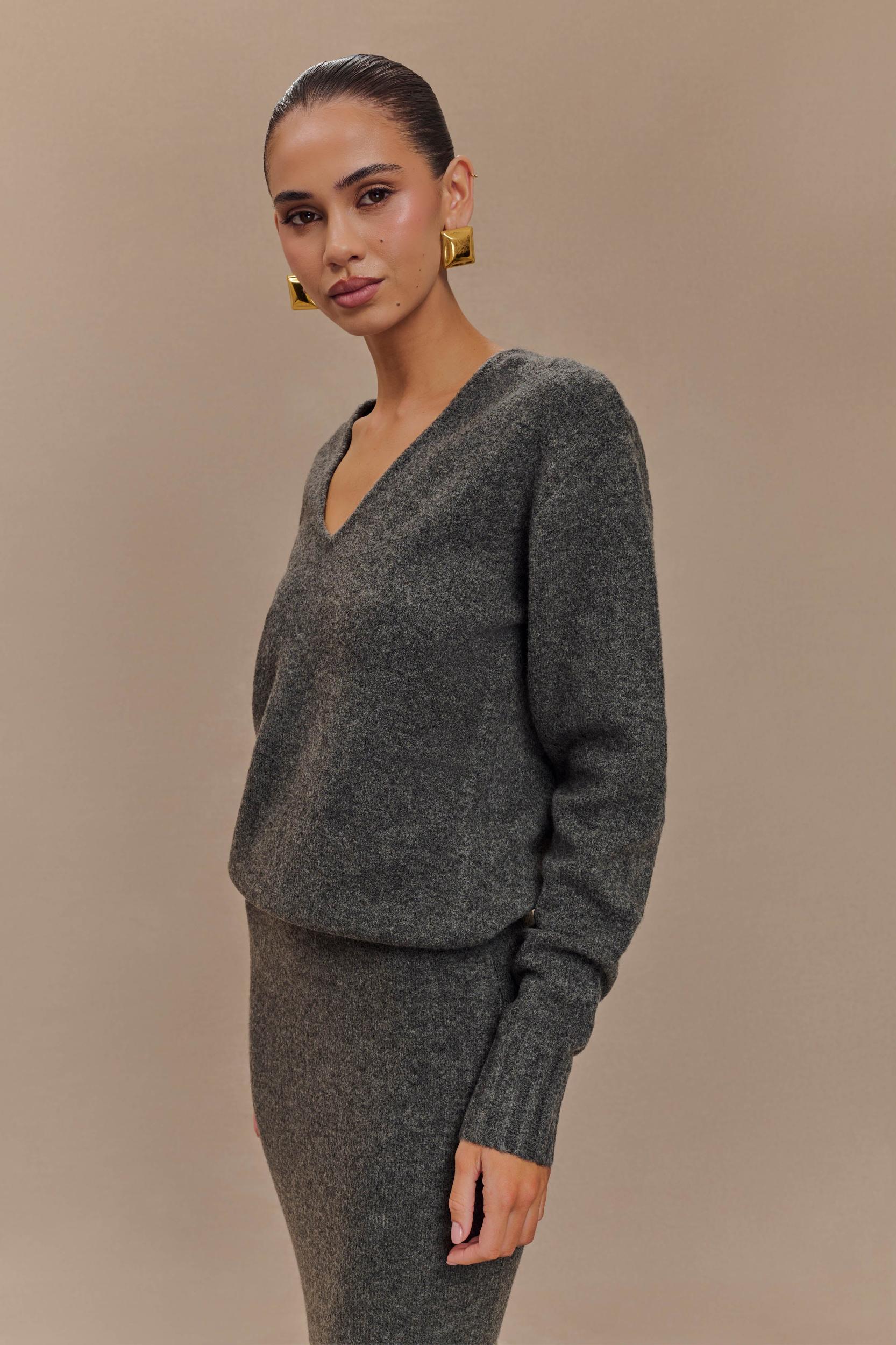 Ella V Neck Knit Jumper With Scarf - Charcoal Marle Product Image