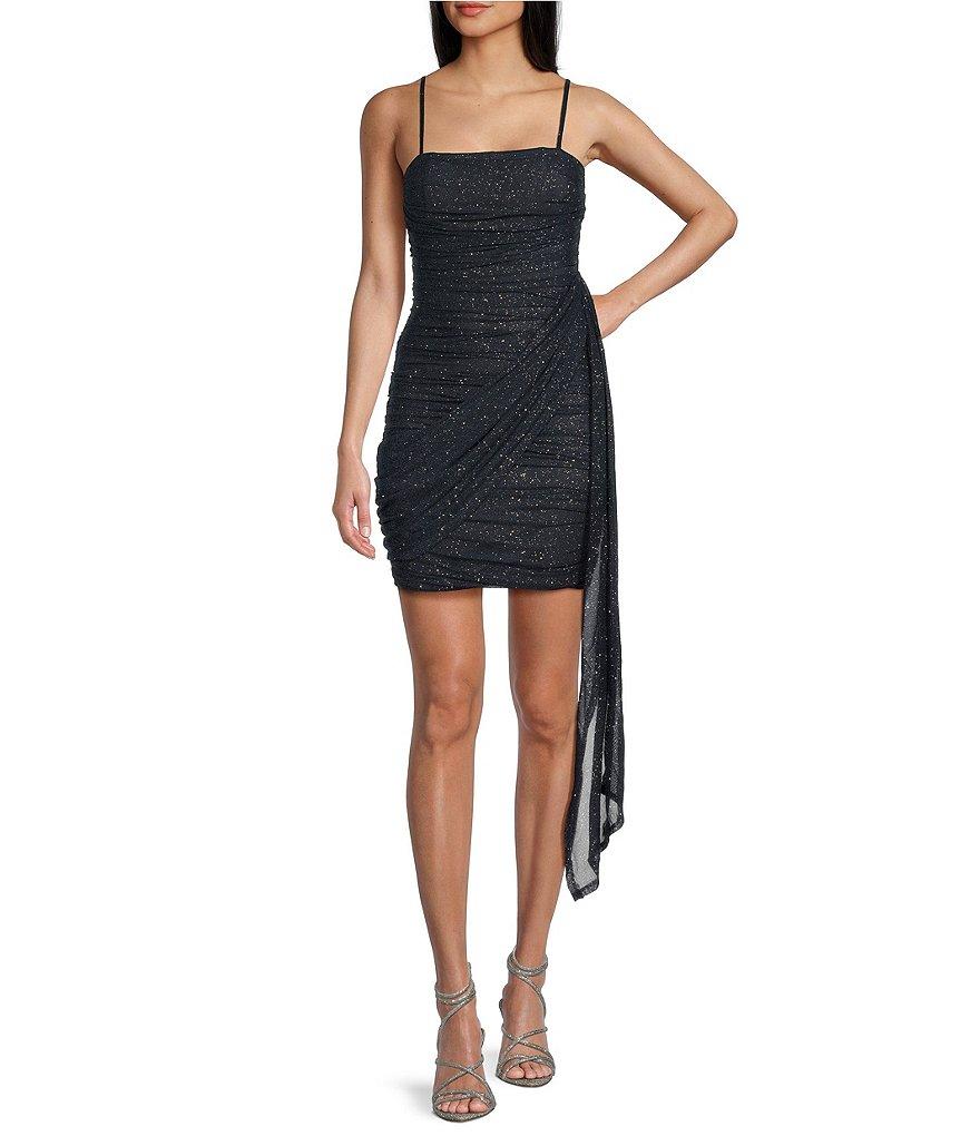 Pear Culture Spaghetti Strap Square Neck Wrap Tail Glitter Dress Product Image