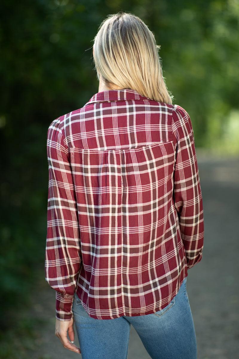 Burgundy and Beige Plaid Button Up Top Product Image
