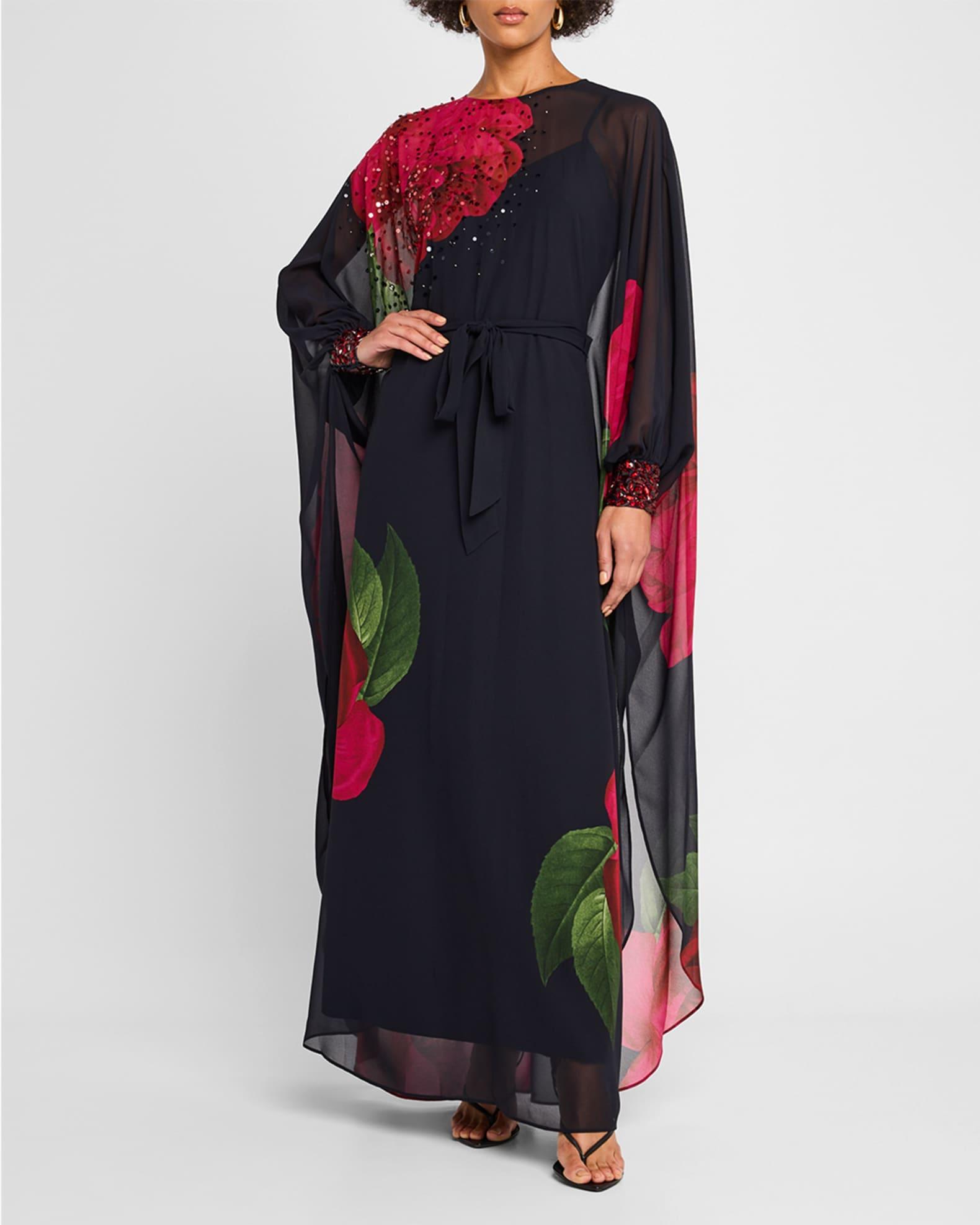 Gilda Floral-Print Chiffon Cape Gown Product Image