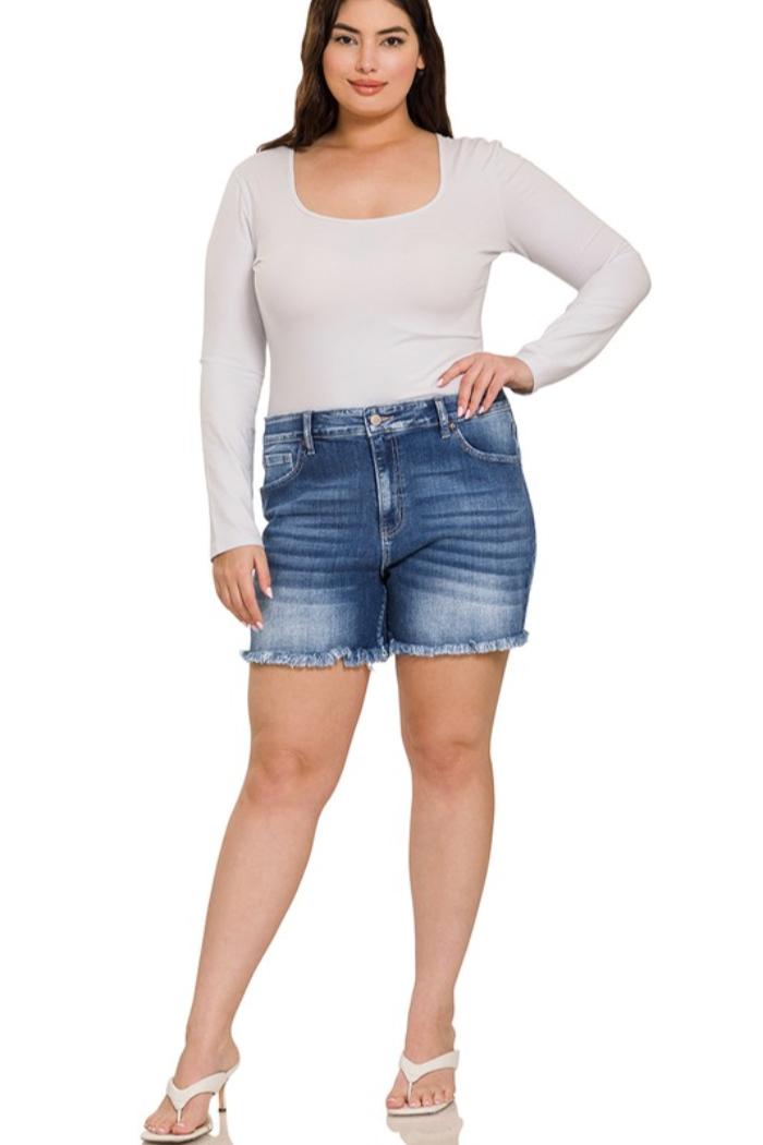 Mid Rise Frayed Hem Shorts Product Image