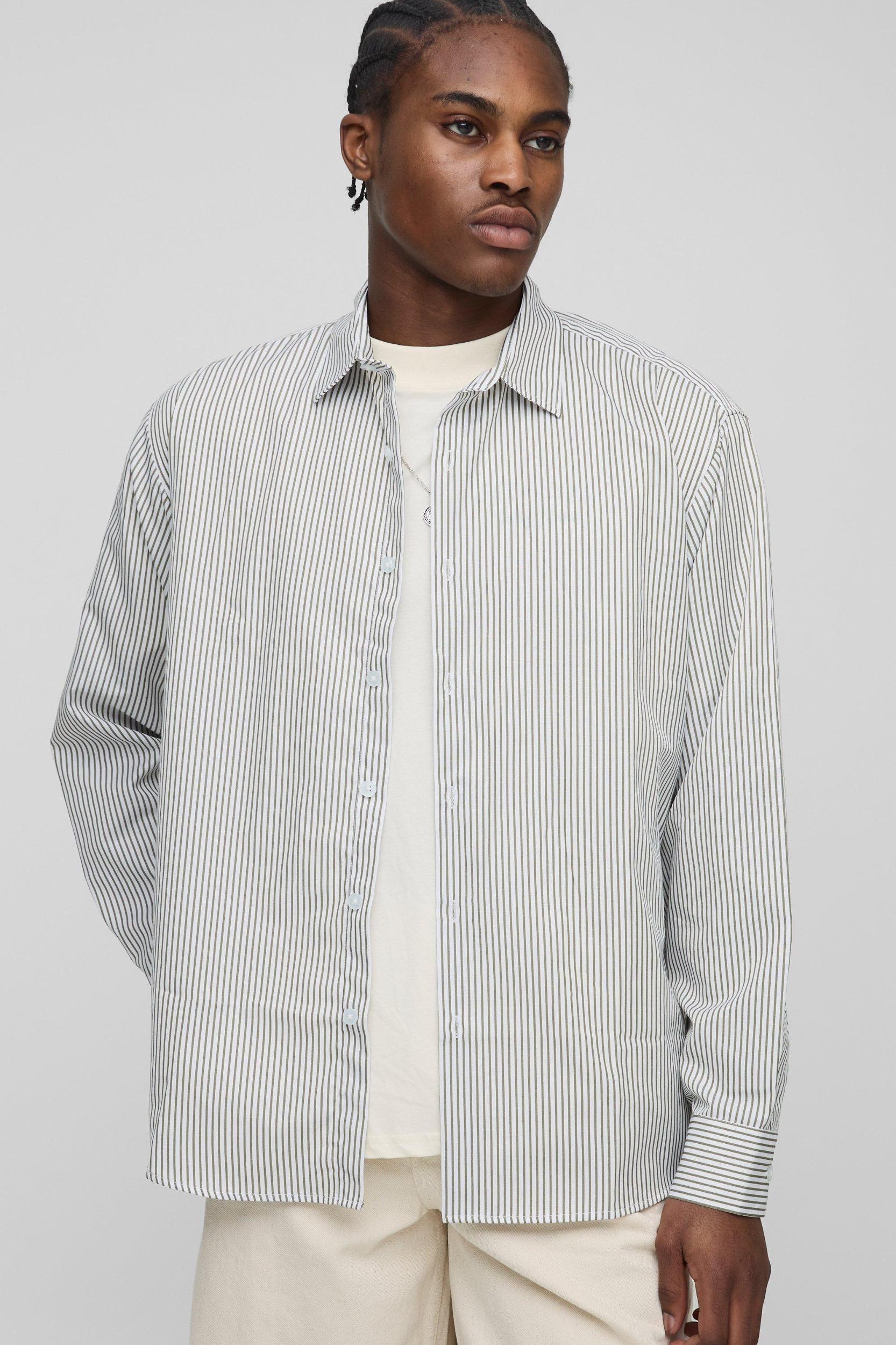 Super Oversized Stripe Long Sleeve Shirt | boohooMAN USA Product Image