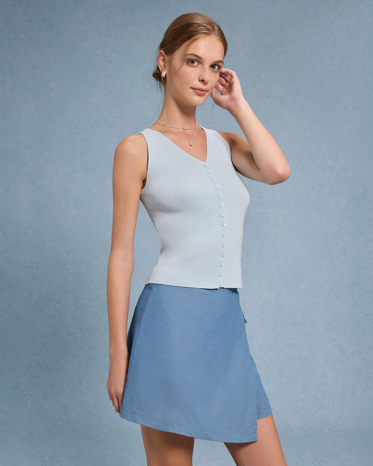 Blue V Neck Button Knit Tank Top Product Image