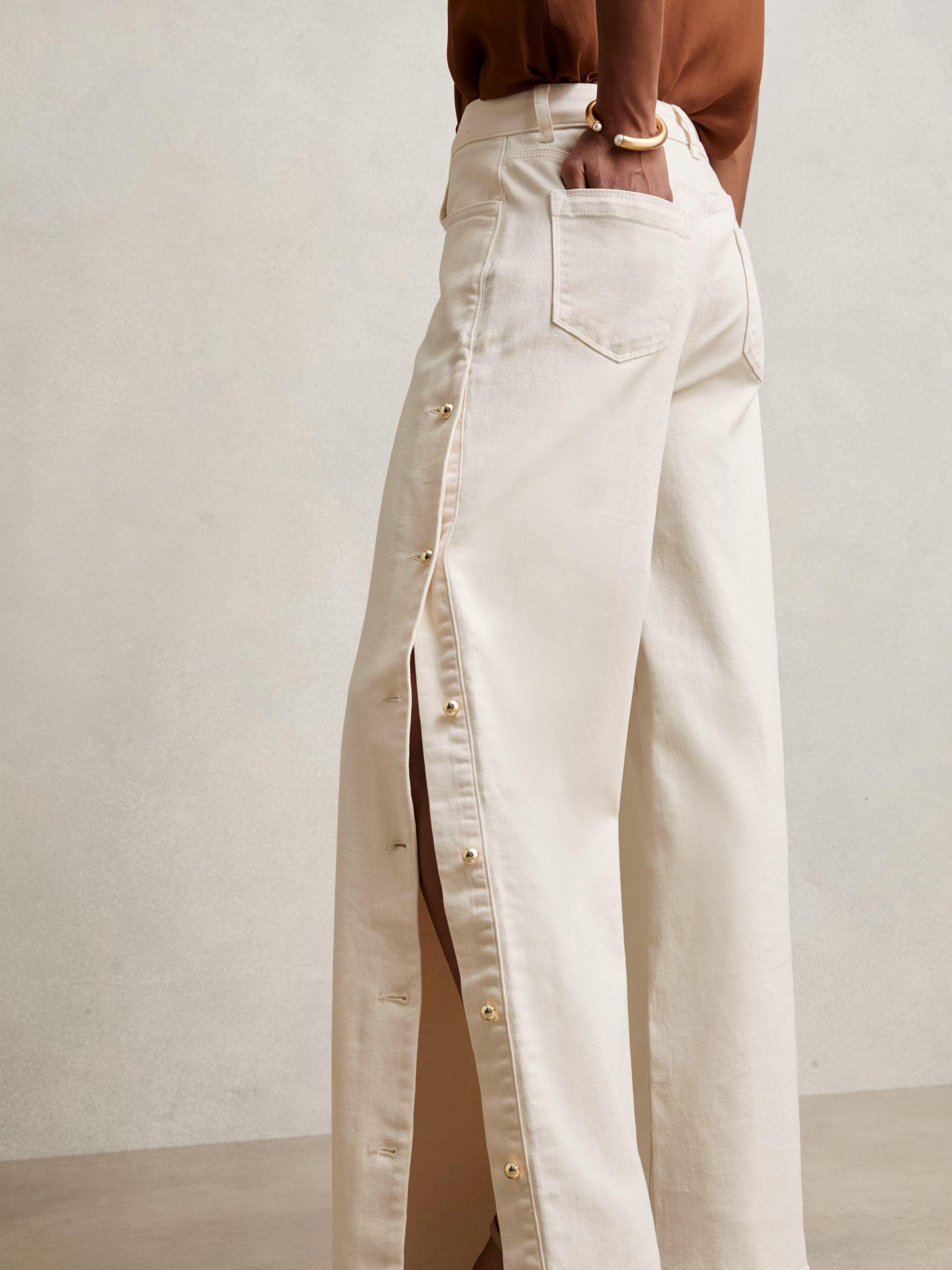 Petite Side Button Wide Leg Jeans in Cream Product Image