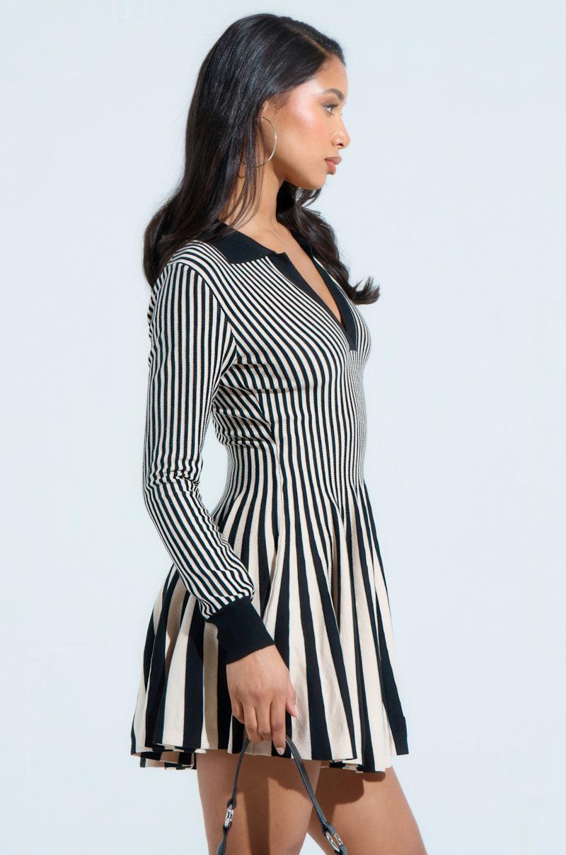ALINA PLEATED KNIT FIT AND FLARE MINI DRESS WITH LONG SLEEVES Product Image