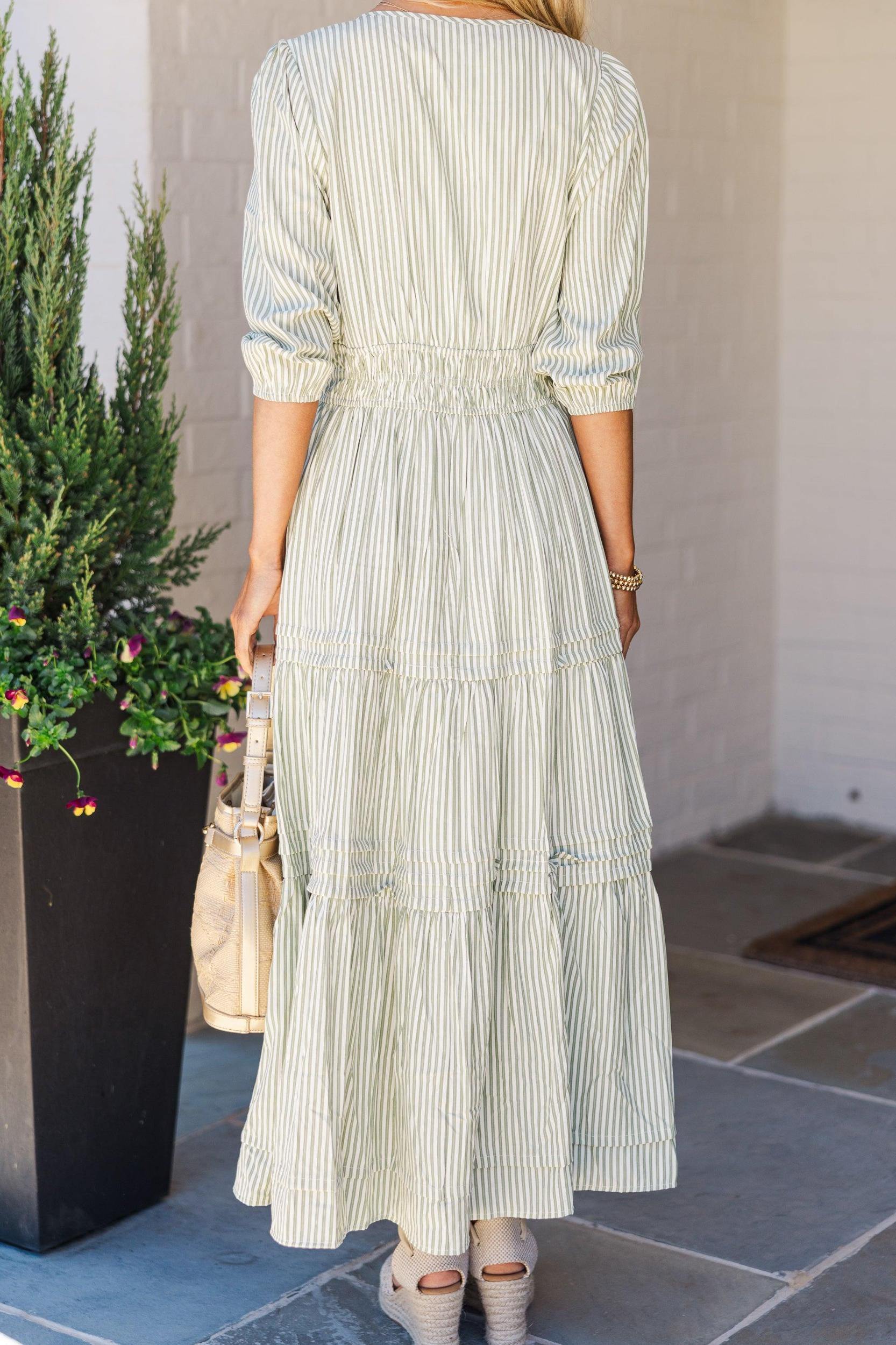 It's In The Air Olive Green Striped 3/4 Sleeve Midi Dress Female Product Image