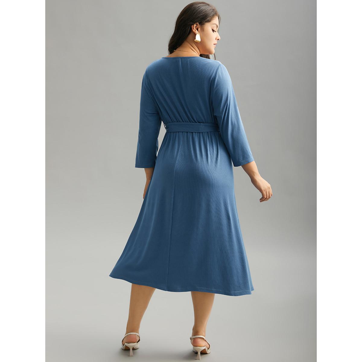 Plus Size Plain Square Neck Arc Hem Belted Wrap Dress Stone Women Office Wrap Square Neck Elbow-length sleeve Curvy Midi Dress BloomChic 22-24/3X Product Image