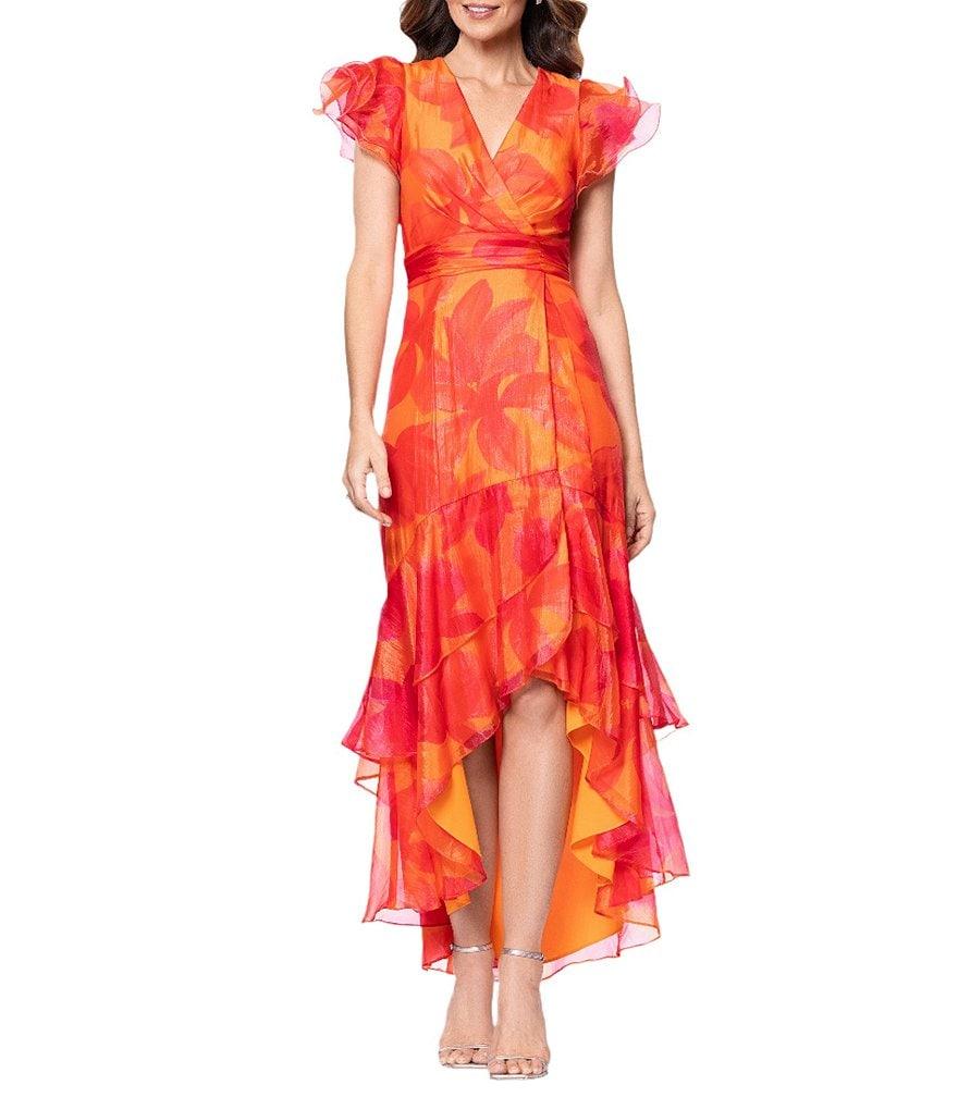 Xscape Organza Floral Print V-Neck Short Sleeve Ruffle A-Line Midi Dress Product Image