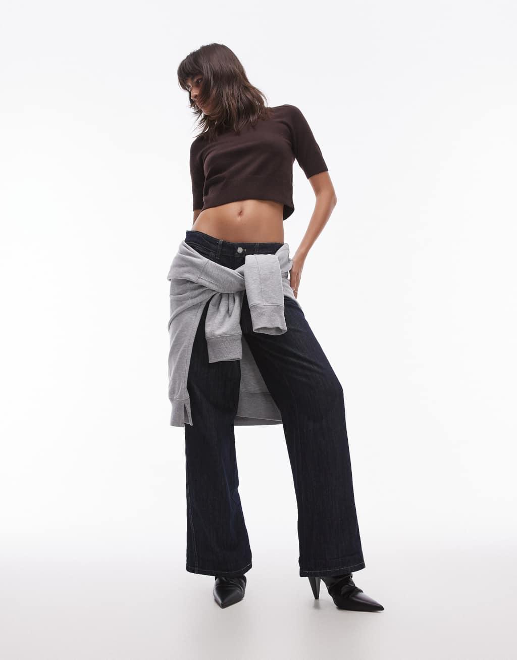 Mango short sleeve wool mix knit top in dark brown Product Image