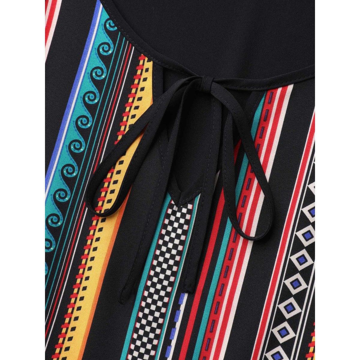 Plus Size Black Multi-Color Striped Neck Tie Shirt Women Casual Cap Sleeve Notched collar Everyday Blouses BloomChic 18-20/2X Product Image