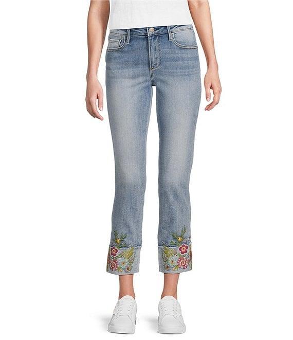 Driftwood Colette Stretch Denim Floral Embroidered Cuffed Cropped Straight Leg Jeans Product Image