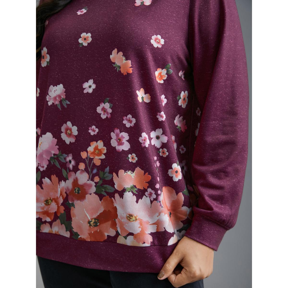 Plus Size Round Neck Floral Stretchy Sleeve Sweatshirt Women Deeppurplered Casual Non Round Neck Everyday Sweatshirts BloomChic 26/4X Product Image