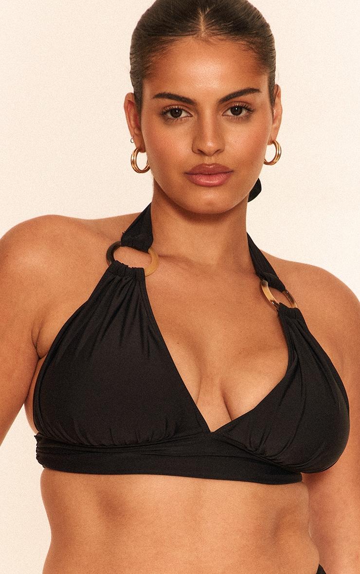 Plus Black O Ring Detail Ruched Triangle Bikini Top Product Image
