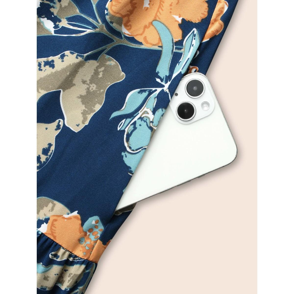 Plus Size Square Neck Floral Shirred Midi Dress Navy Women Elegant Shirred Square Neck Elbow-length sleeve Curvy BloomChic 14-16/1X Product Image