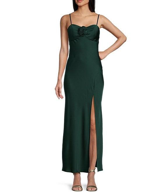Next Up Satin Sweetheart Neck Front Rosette Side Slit Midi Dress Product Image