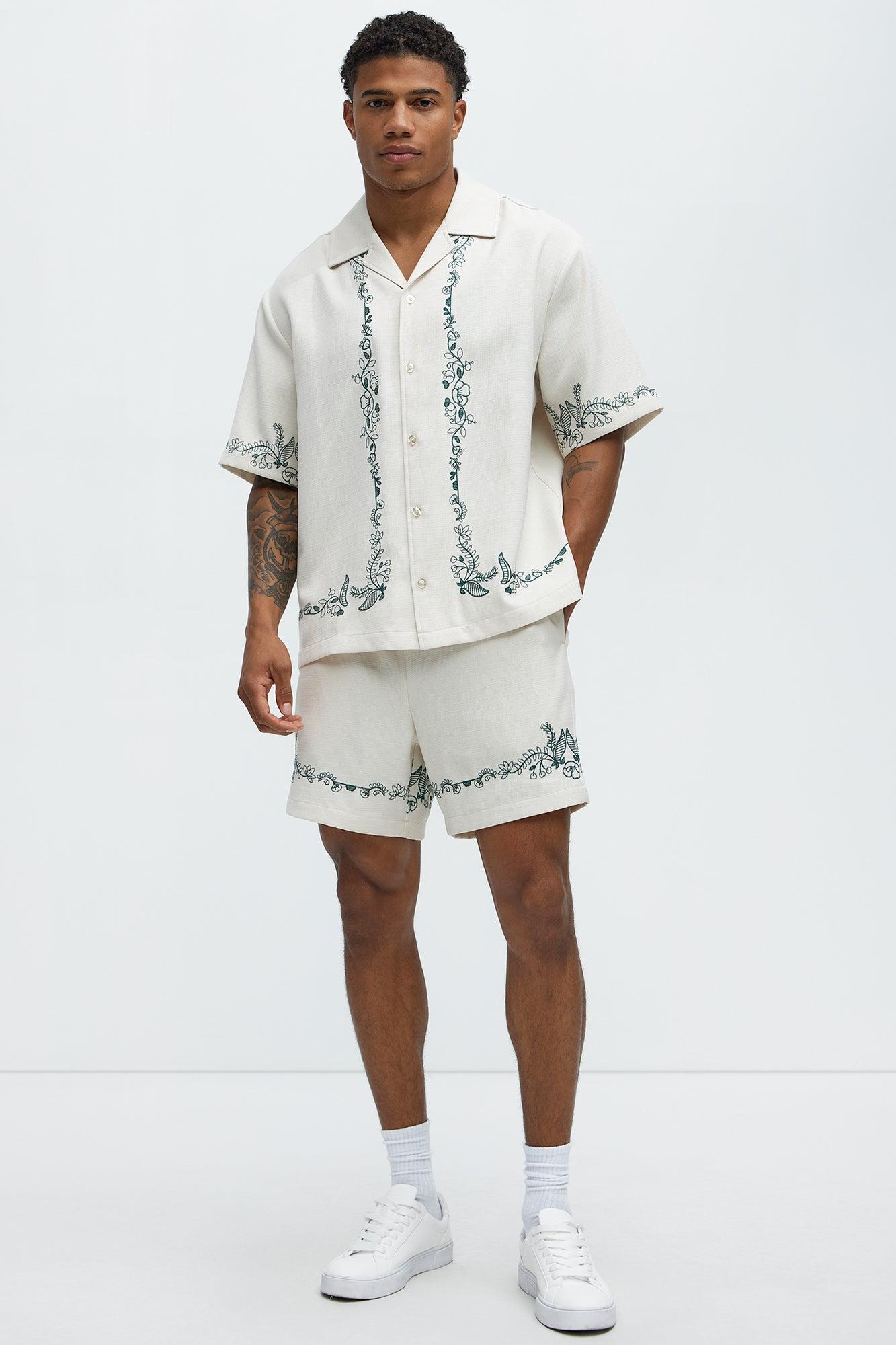 Vine Border Embroidery Cuban Shirt - Cream Product Image