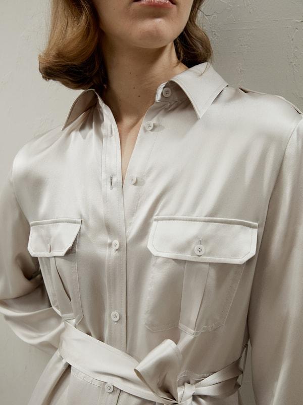 Trench-Style Silk Midi Shirt Dress Product Image