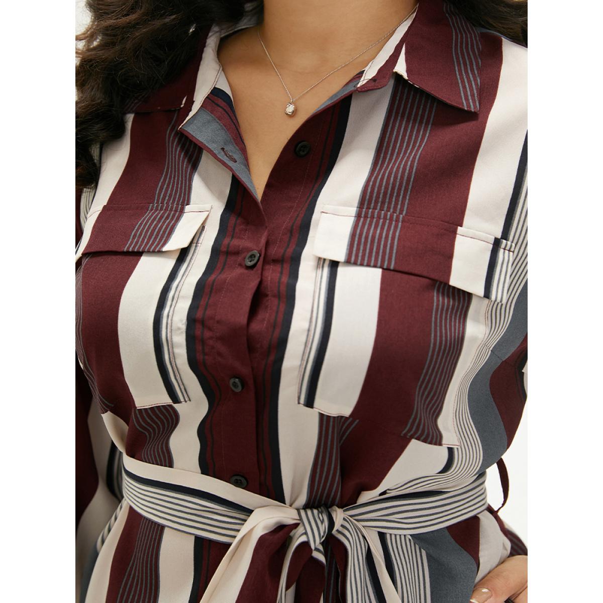 Plus Size Striped Contrast Pocket Button Through Belted Shirt Collar Dress Multicolor Women Work From Home Belted Shirt collar Elbow-length sleeve Curvy Midi Dress BloomChic 30/6X Product Image