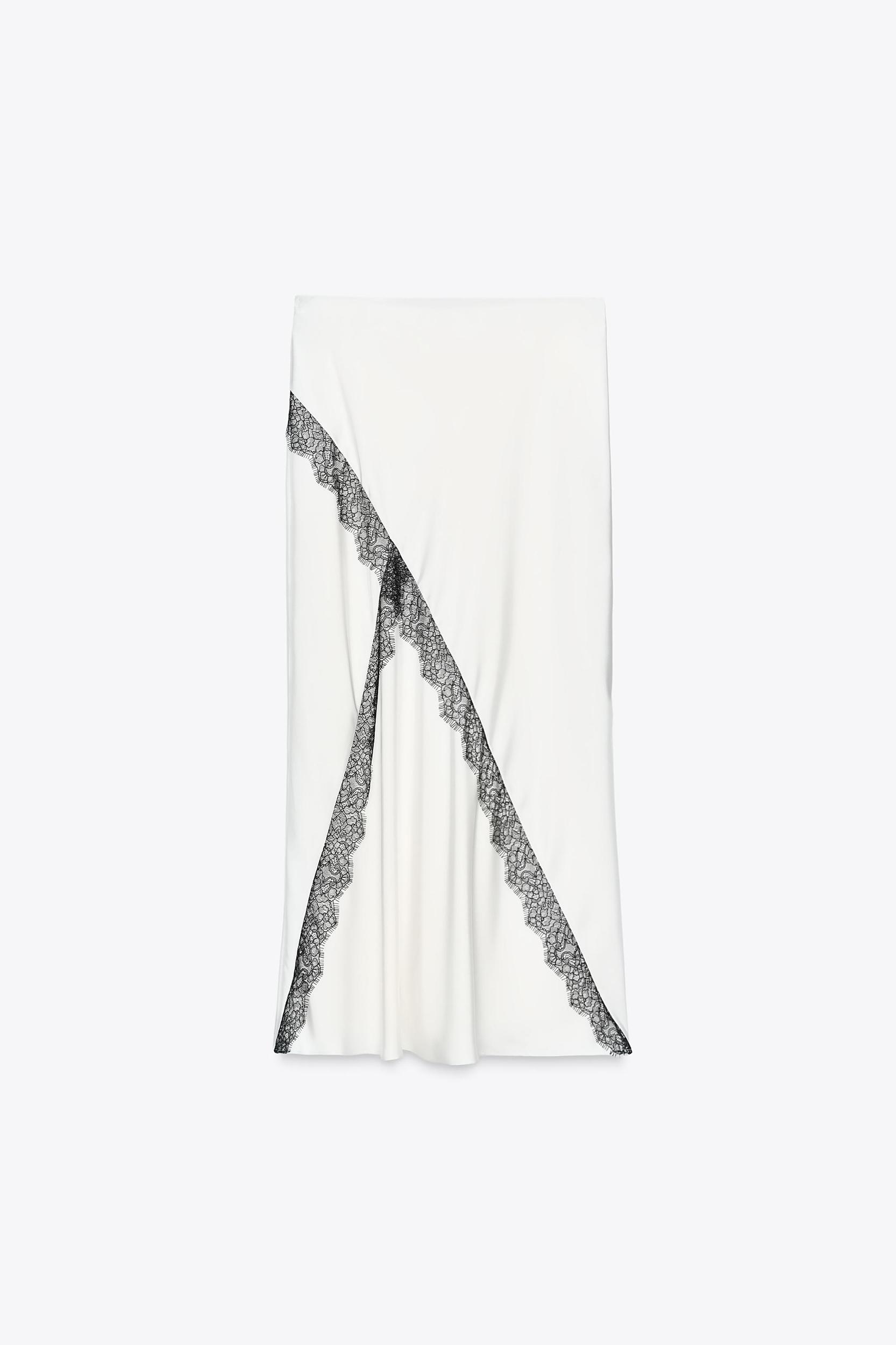 SATIN EFFECT LACE MIDI SKIRT Product Image