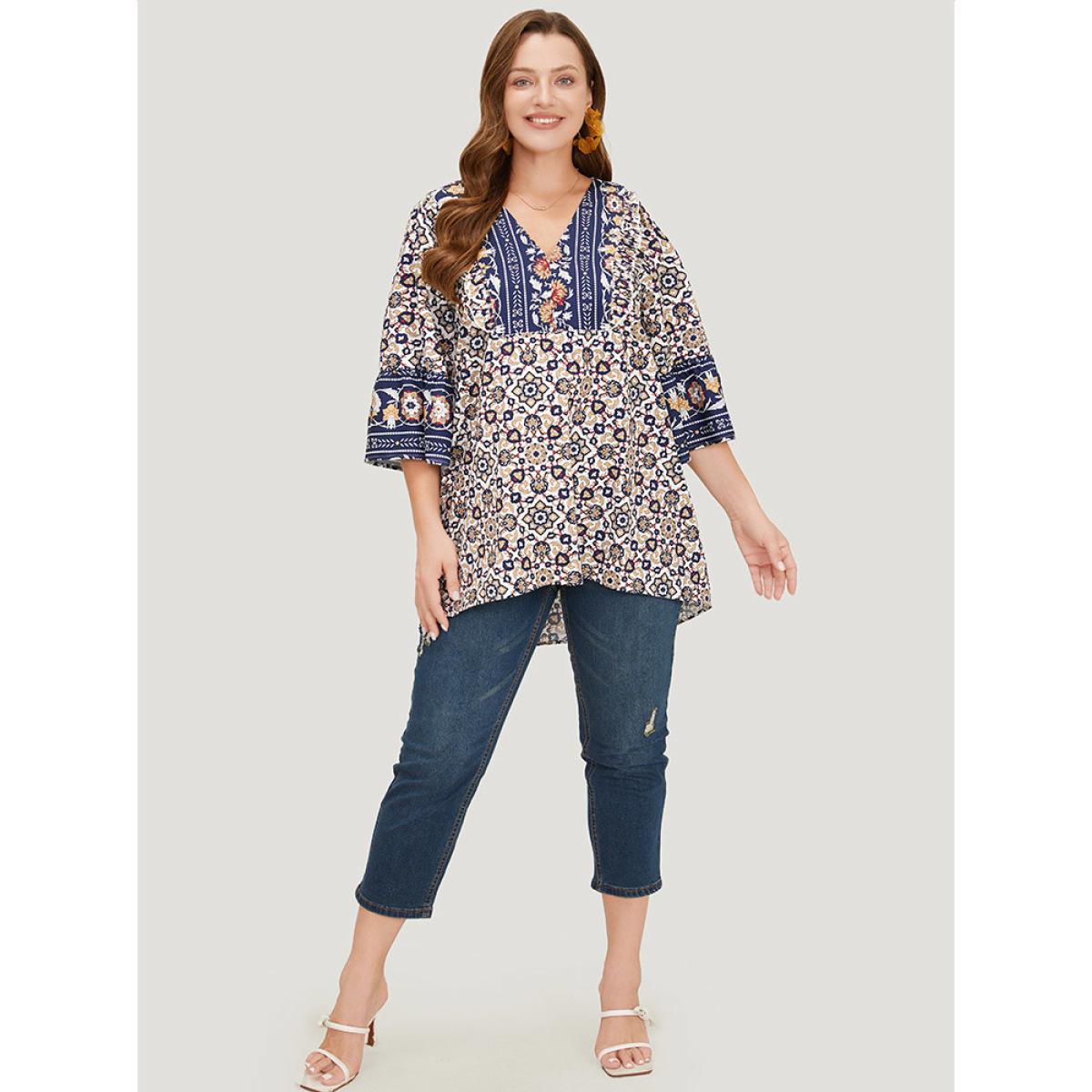Plus Size Indigo Bandana High Low Hem Bell Sleeve Blouse Women Vacation Elbow-length sleeve V-neck Dailywear Blouses BloomChic 18-20/2X Product Image