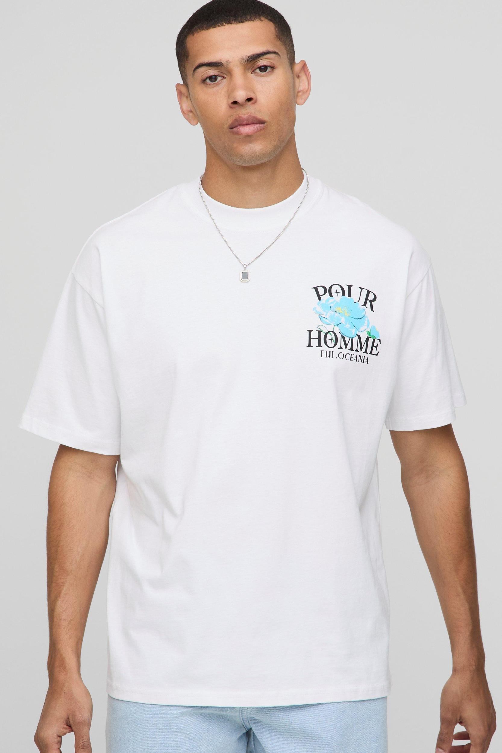 White Oversized Extended Neck Pour Homme Floral T-Shirt | boohooMAN USA Product Image