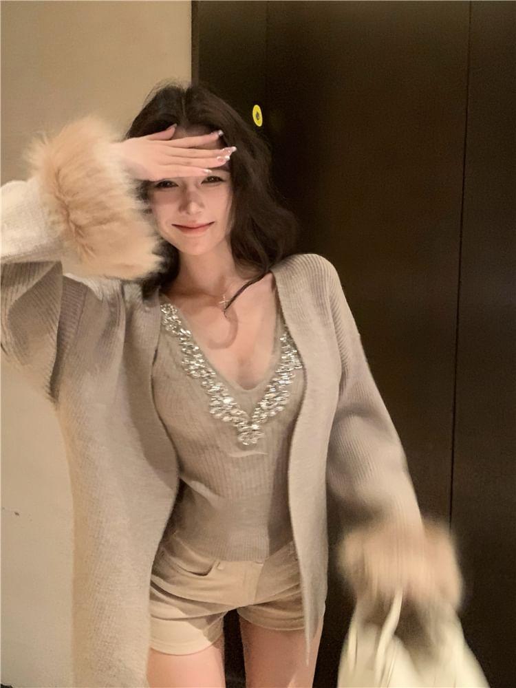 Plain Fluffy Trim Open Front Cardigan / V-Neck Rhinestone Ribbed Cami Top Product Image