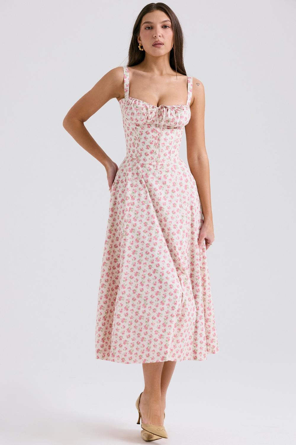 Carmen  white rosebud print cotton bustier sundress Product Image