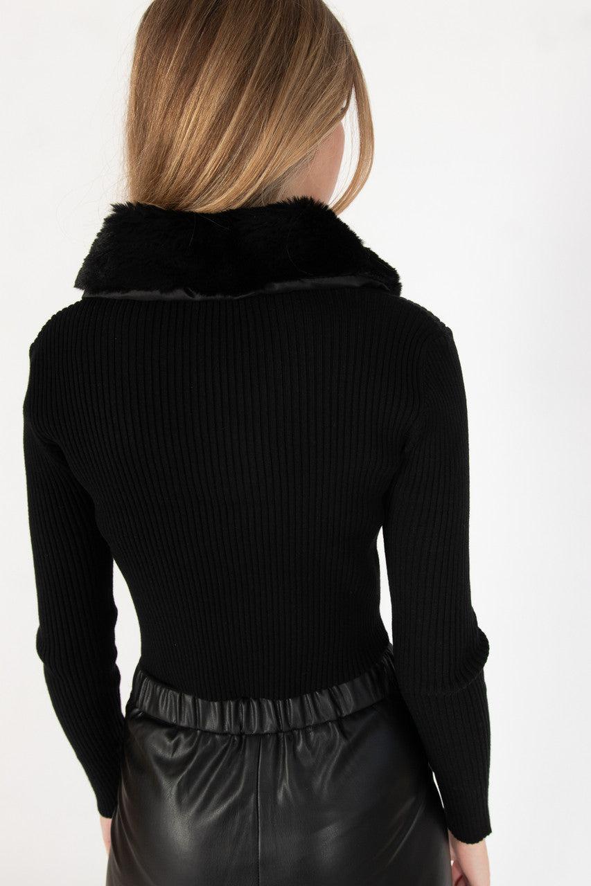 Faux Fur Collar Tie Front Cardigan Product Image