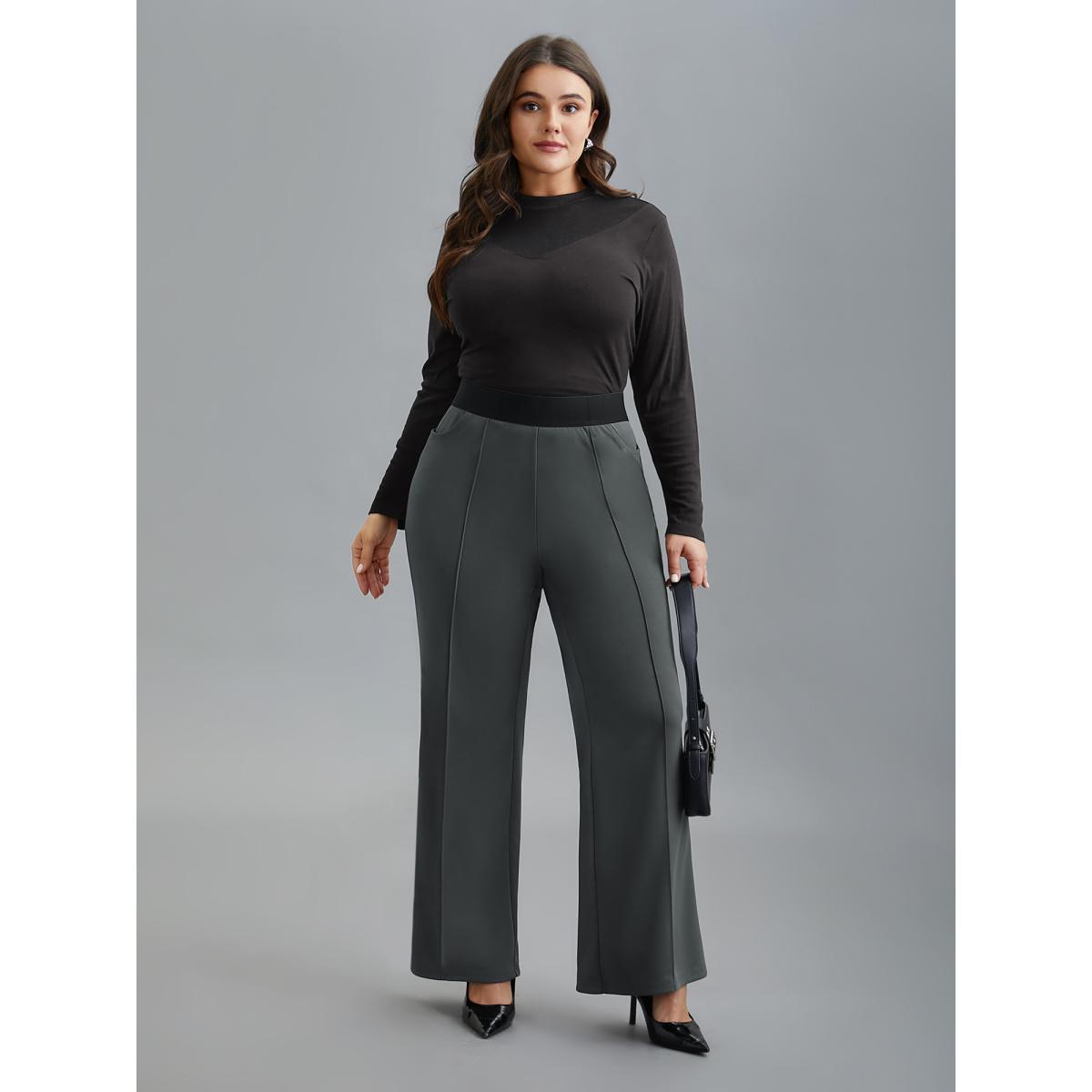 Plus Size Seamed Front Color Contrast Flared Pants Women DimGray Elegant Bootcut Mid Rise Everyday Pants BloomChic 14-16/1X Product Image