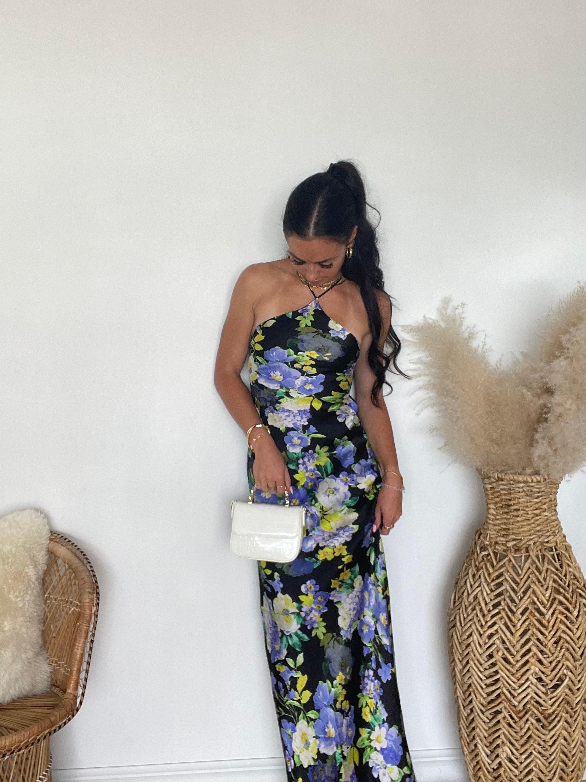 FINAL SALE Line & Dot | Bloom Halter Maxi Dress | Black Purple Multi Product Image