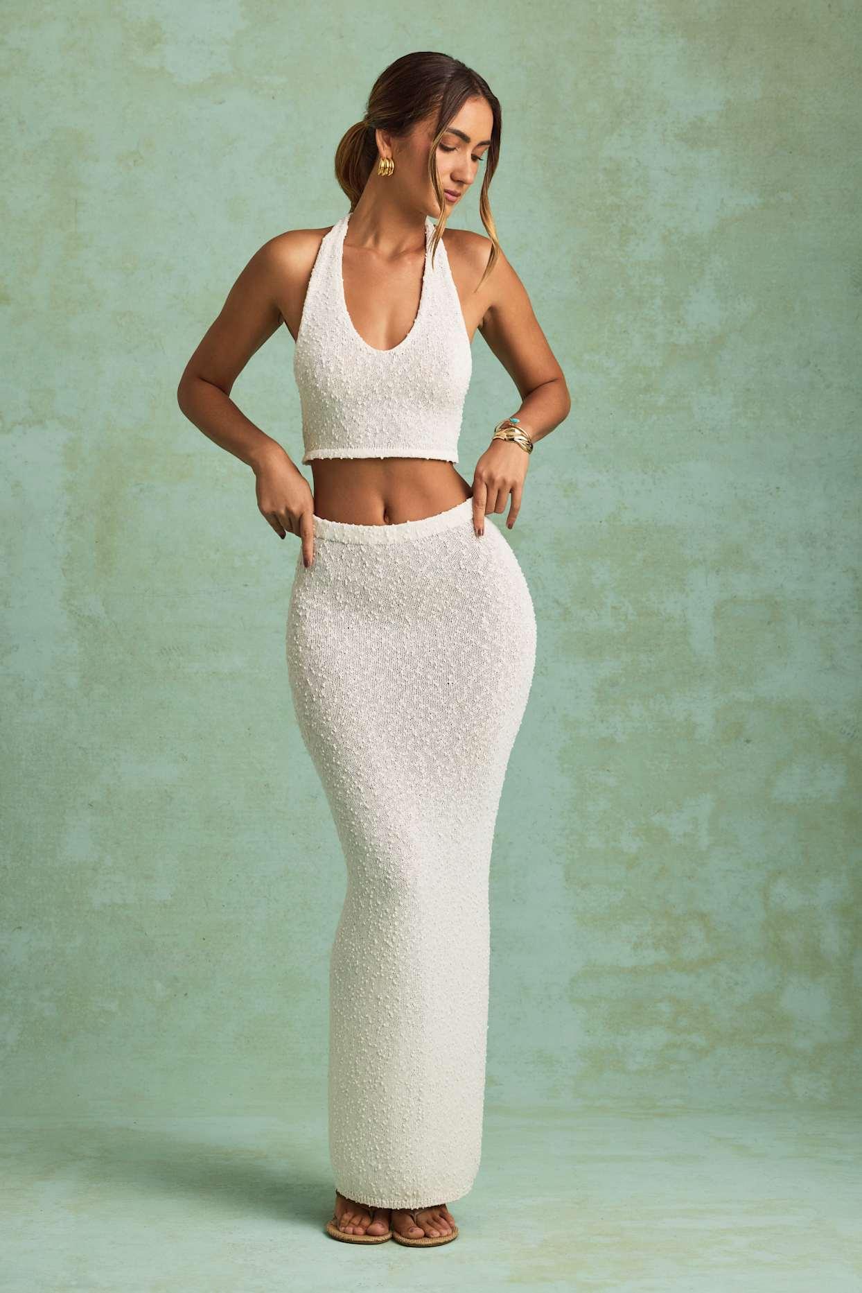 Bouclé Mid-Rise Maxi Skirt in White Product Image