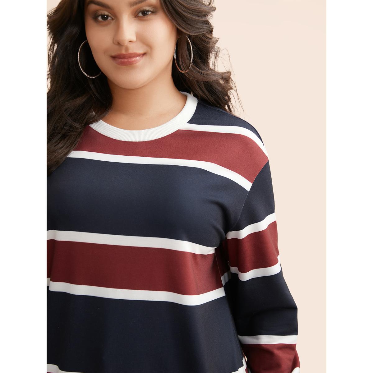 Plus Size Contrast Striped Drop Shoulder Sweatshirt Women Multicolor Casual Contrast Round Neck Everyday Sweatshirts BloomChic 14-16/1X Product Image