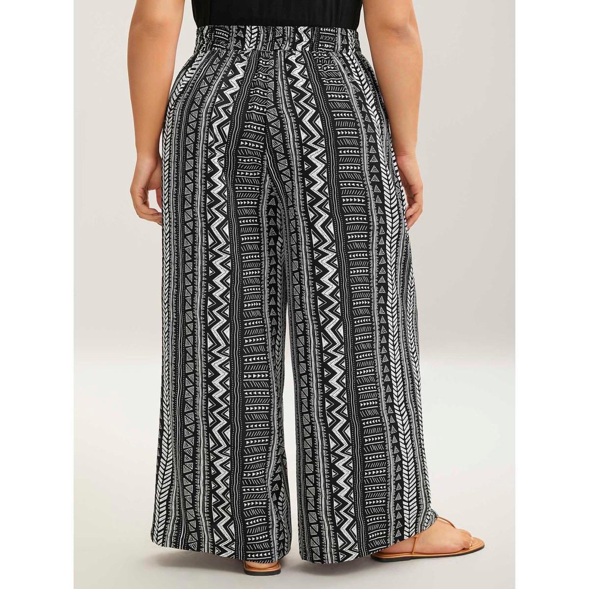 Plus Size Waist-Tie Wide-Leg Boho Print Pants Women Black Casual Wide Leg Mid Rise Everyday-Casual Pants BloomChic 28/5X Product Image