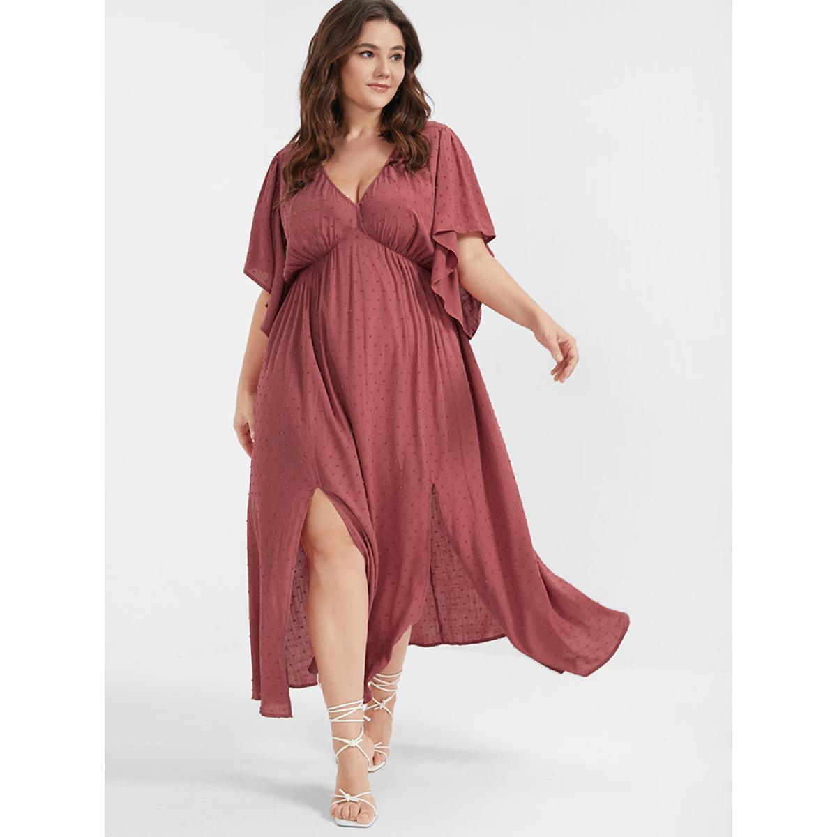 Plus Size Solid V Neck Ruffles Split Embroidered Maxi Dress DustyPink Women Elegant Elastic Waist V-neck Short sleeve Curvy Long Dress BloomChic 18-20/2X Product Image