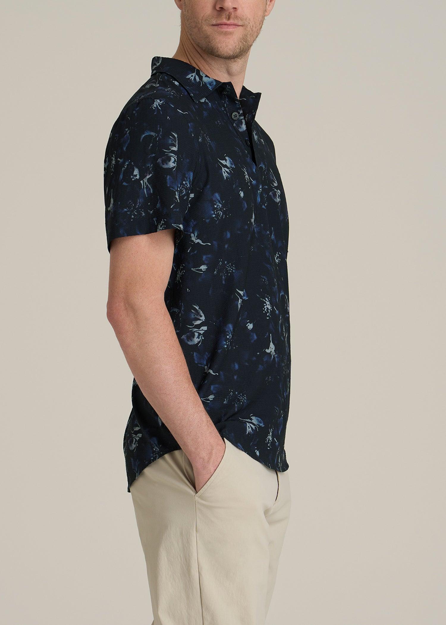 Coastal Perforated Polo Shirt for Tall Men in Black and Violet Floral Male Product Image