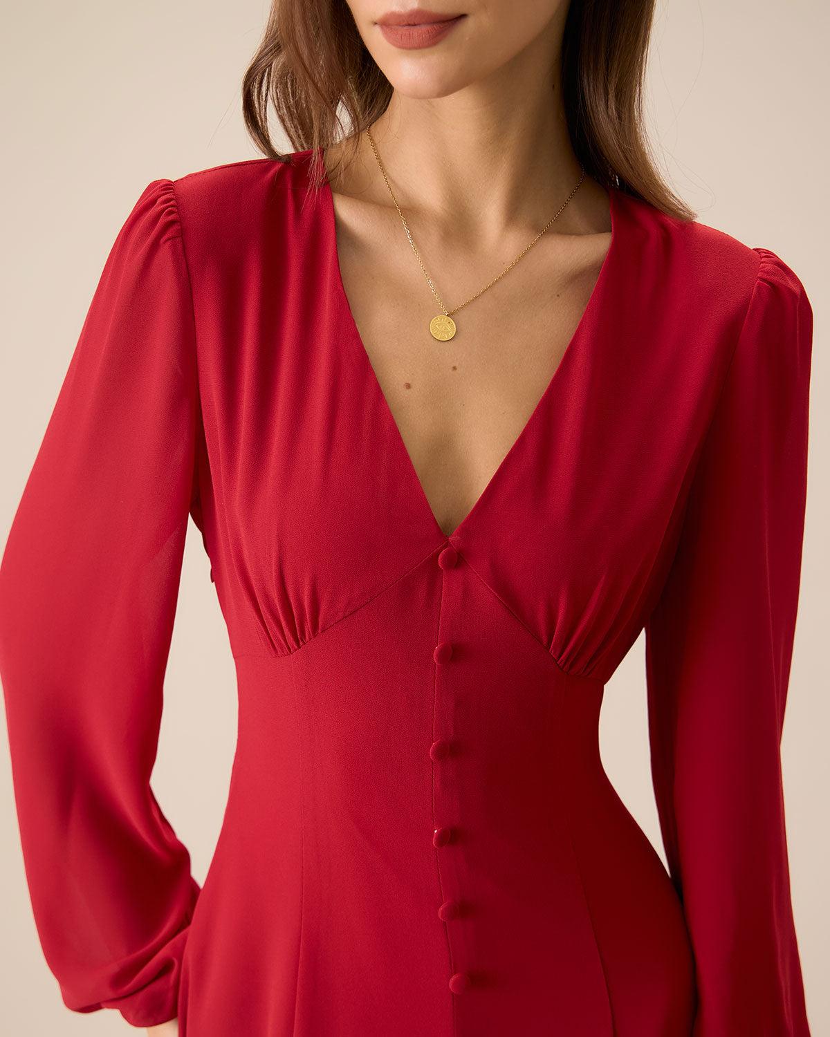 Women's Red V-Neck Puff Sleeve Slit Midi Dress Female Product Image