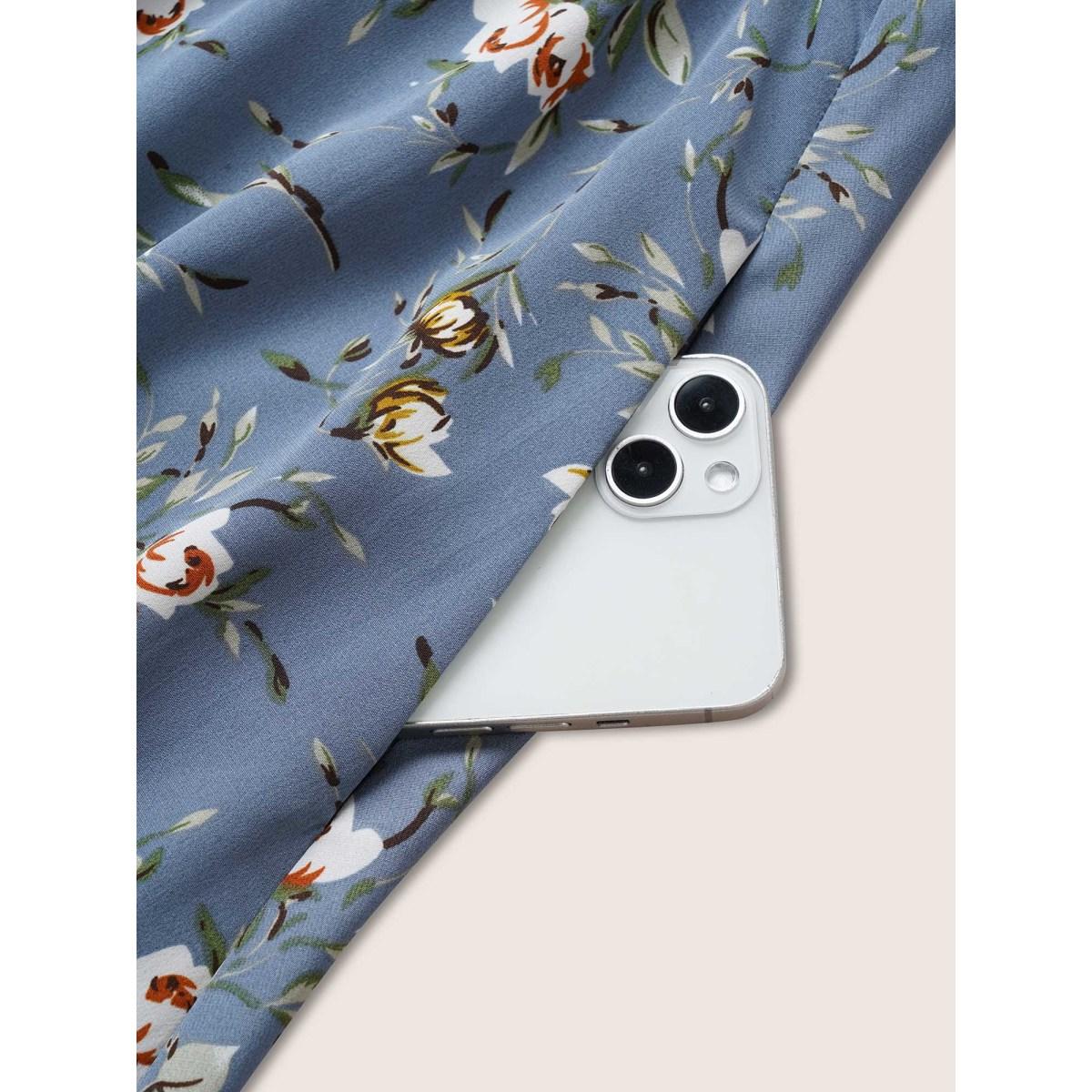 Plus Size Ditsy Floral Square Neck Elastic Waist Gathered Dress Stone Women Elegant Non Square Neck Short sleeve Curvy Midi Dress BloomChic 12/L Product Image