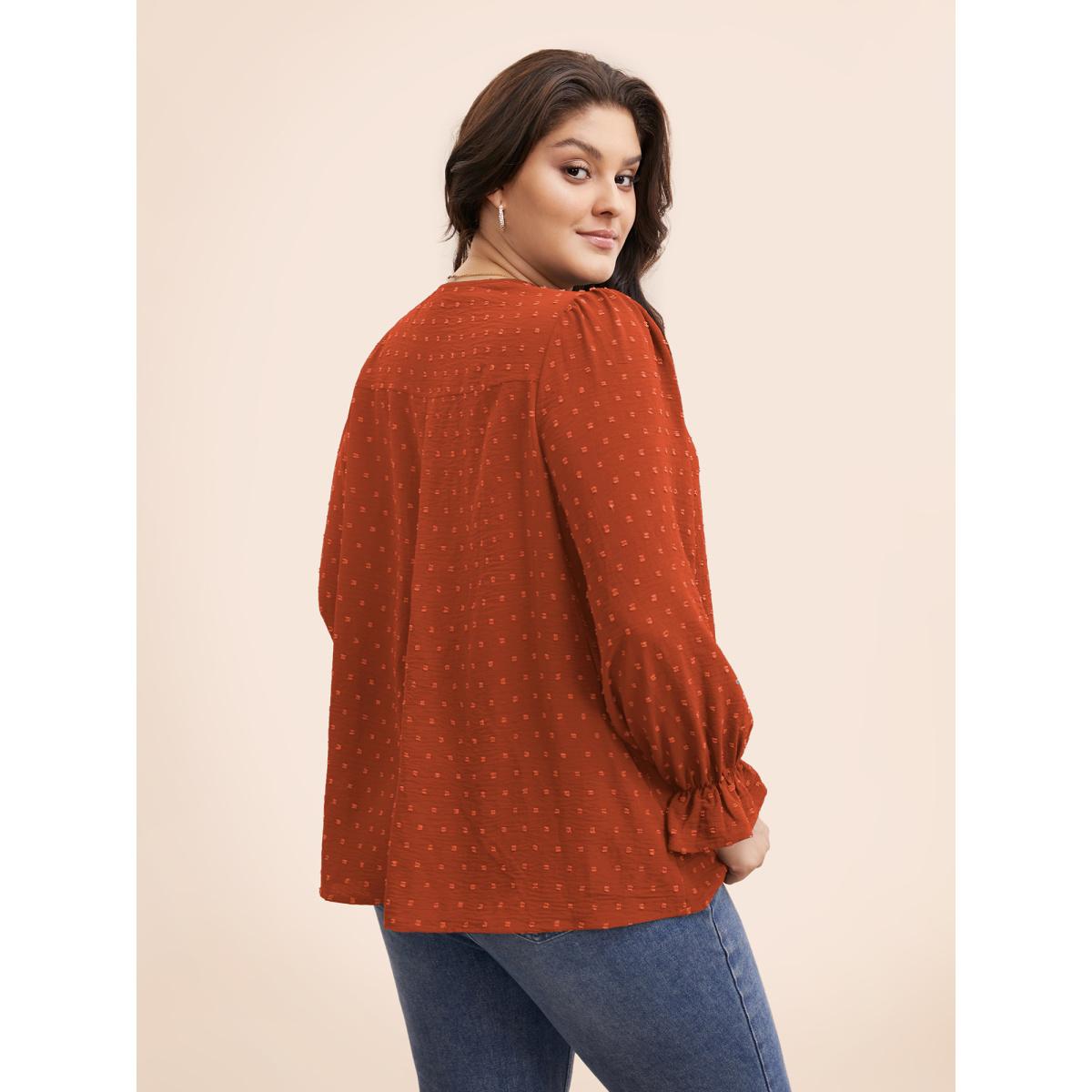 Plus Size Rust Textured Lace Trim Patchwork Ruffles Blouse Women Timeless Long Sleeve V-neck Elegant Blouses BloomChic 26/4X Product Image