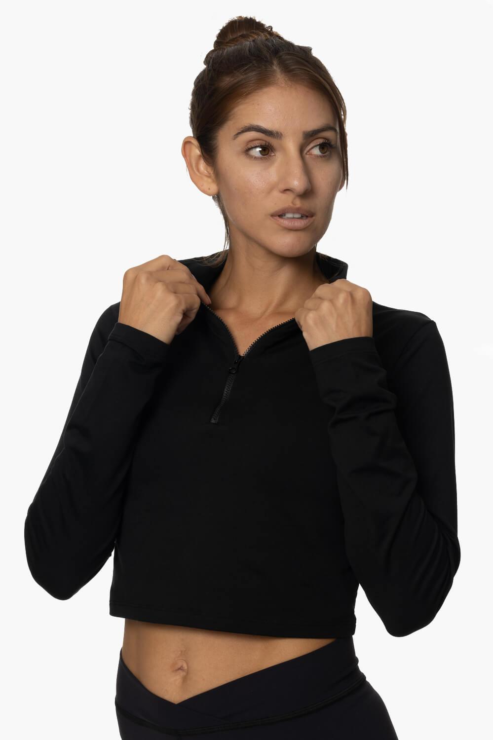 Snapper Cropped 1/4 Zip Up Pullover - Black Female Product Image