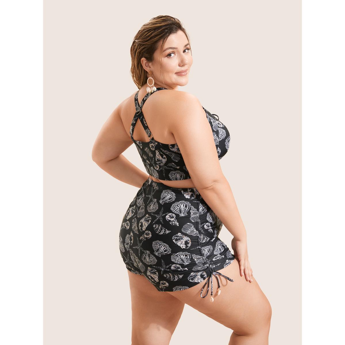 Plus Size Shell Print Drawstring Ruched Skinny Swim Top Women's Swimwear Black Beach Gathered High stretch Skinny Heart neckline Curve Swim Tops BloomChic 18-20/2X Product Image