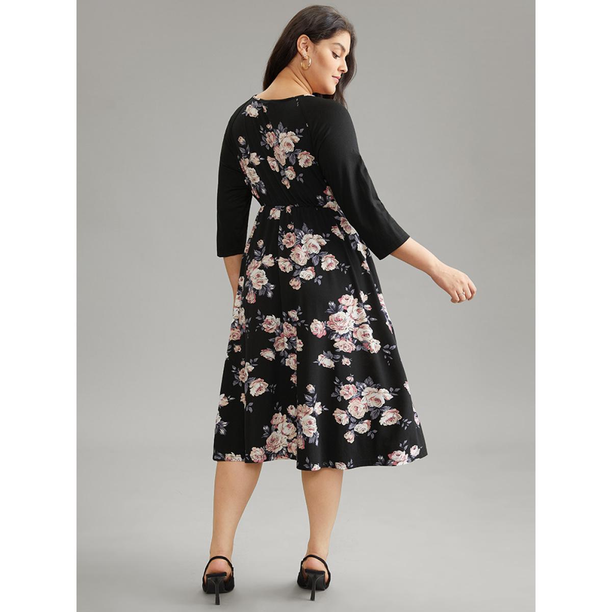 Plus Size Floral Twist Front Patchwork Raglan Sleeve Dress Black Women Elegant Contrast Round Neck Elbow-length sleeve Curvy Midi Dress BloomChic 14-16/1X Product Image
