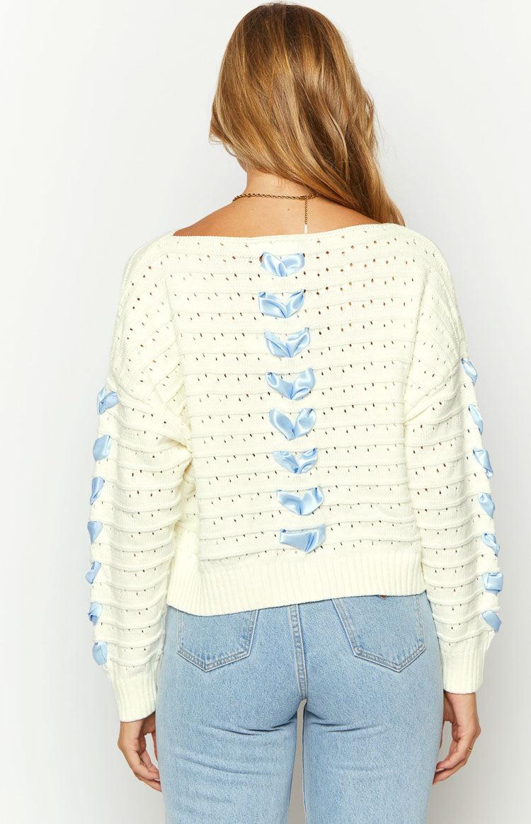 Darling White Knit Blue Ribbon Sweater Product Image