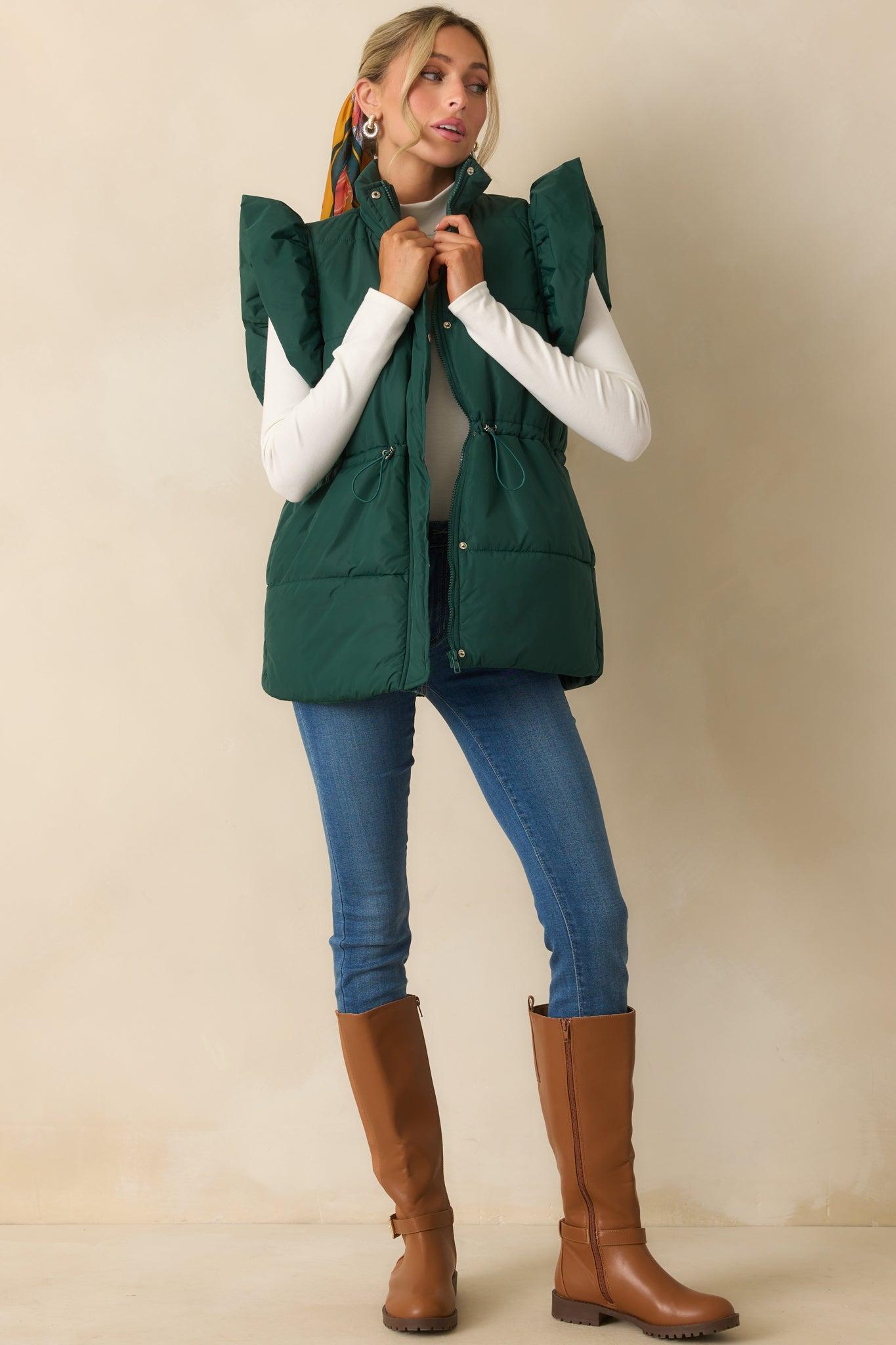 Cherry On Top Forest Green Flutter Sleeve Puffer Vest Product Image