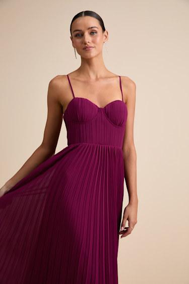 Admirable Elegance Plum Pleated Bustier Maxi Dress Product Image