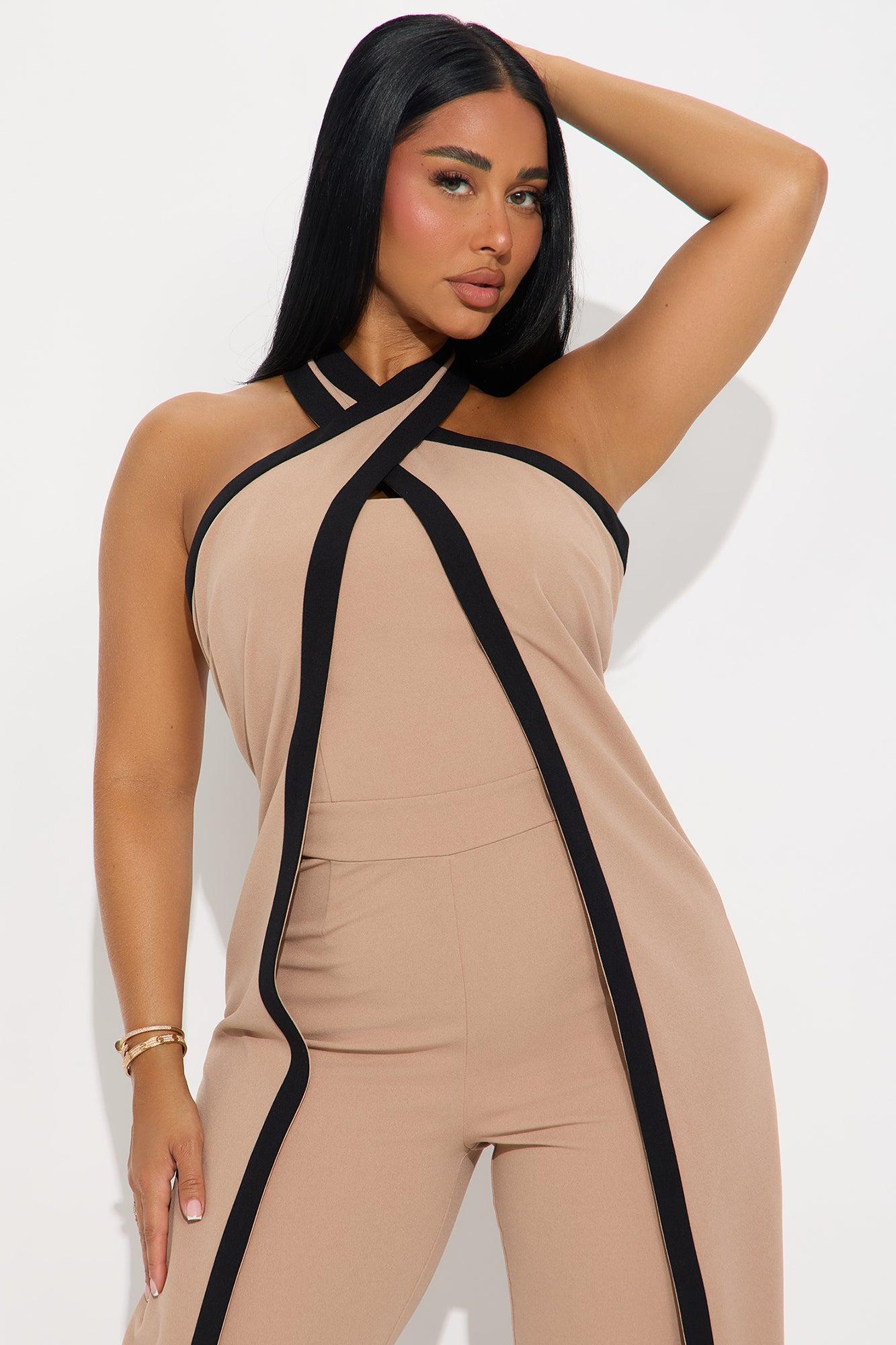 For The Moment Draped Halter Jumpsuit - Taupe/combo Female Product Image